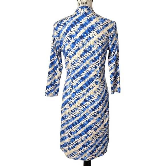 J. Mclaughlin Catalina Cloth Dress 3/4 Sleeve Blue Cream Abstract Print Size S - Picture 3 of 8